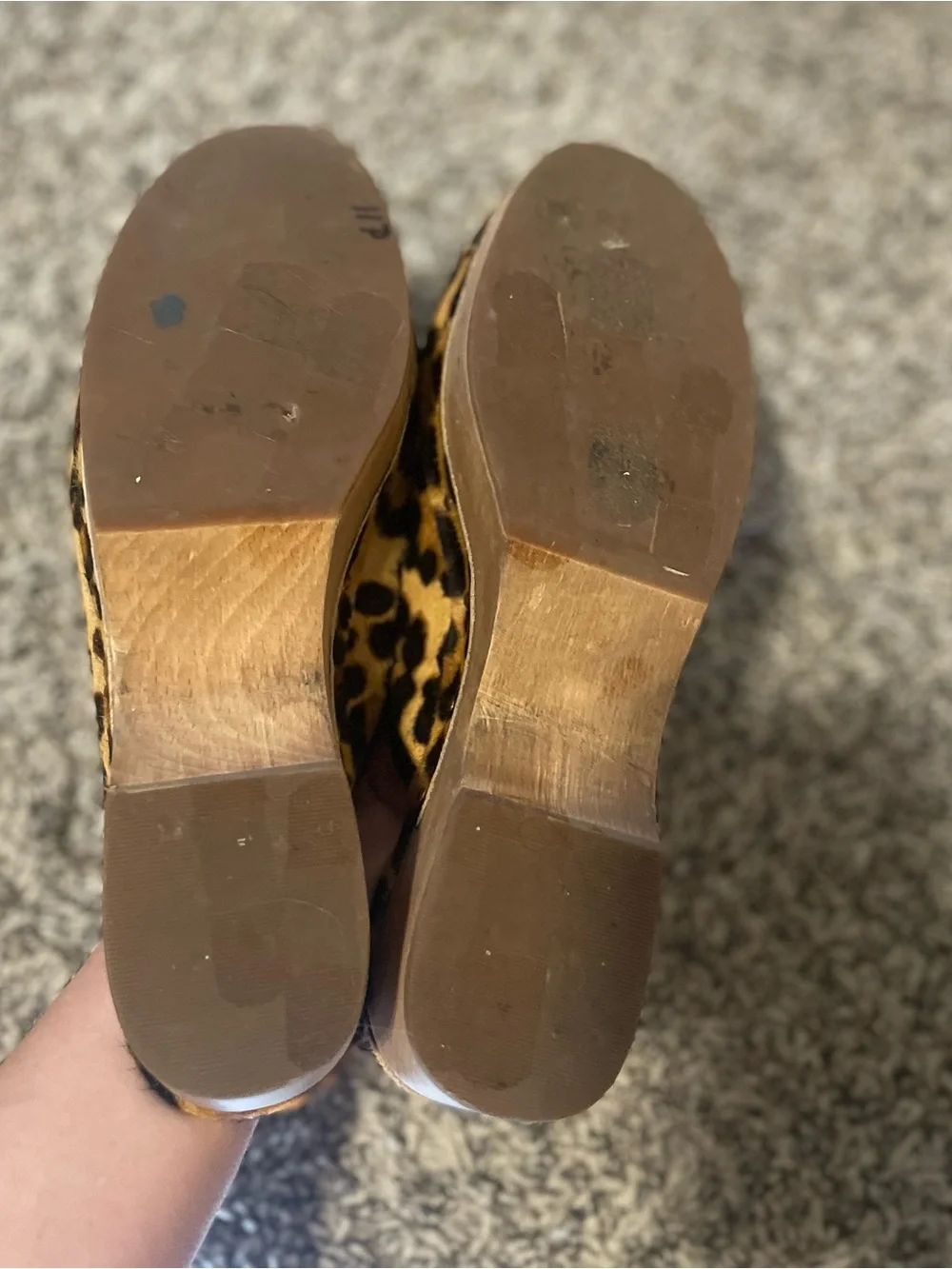 J Crew Leopard Print Calf Hair Wood Clog Leather Slip On Studded Mules Sz 8.5